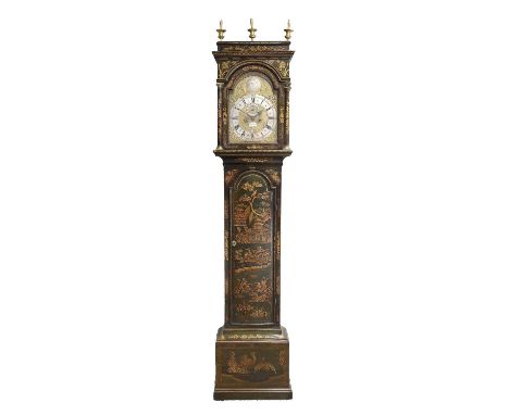 A Green Chinoiserie Eight Day Longcase Clock, signed John Anderton, London, circa 1730, flat top pediment, side viewing glass