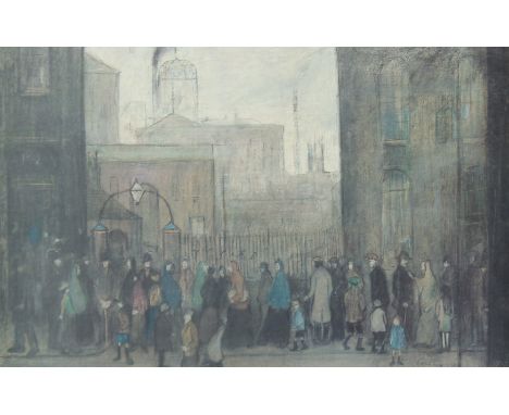 A Lowry print, numbered 526/850, figures waiting on the street, Medici Society Ltd label verso, 12.75" x 19.5", (32.5x49.5cm)