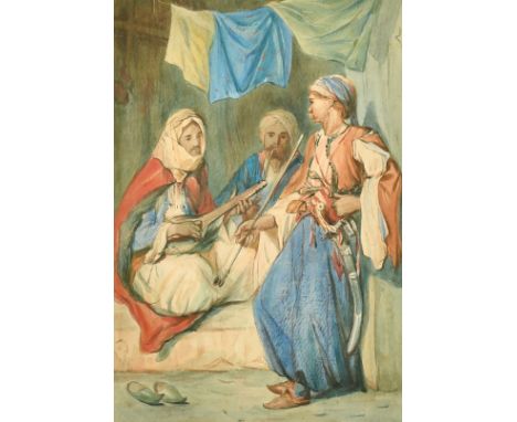 Attributed to Theodore Valerio (1819-1879) Three figures in conversation, one playing a lute another holding a Chibouk, water