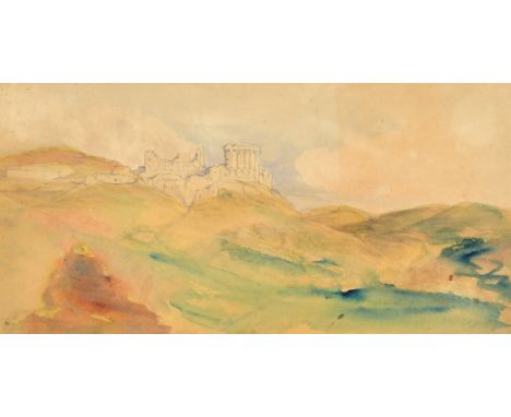 Circle of Edward Lear, a Continental view of hilltop ruins, 5.5" x 10.5",(10x27cm) along with another similar and a further w