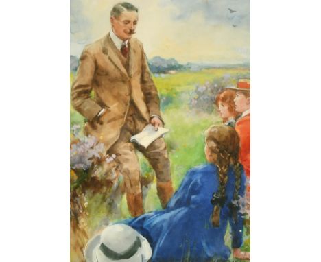 Thomas John Overnell (1872-1961) British, a sketch of a moustachioed gentleman reading to children, commissioned by W. R. Cha