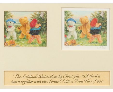 Christopher Whitford (20th Century), Teddies playing rounders, an original watercolour, signed, 2.5" x 2.75", (6x7cm), shown 