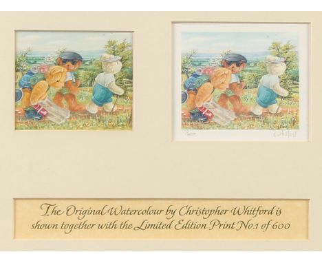 Christopher Whitford (20th Century), Teddies orienteering, an original watercolour, signed, 2.5" x 2.75", (6x7cm), shown toge