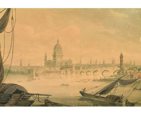 R. Merrick (19th Century) A view across the Thames towards St. Paul's, watercolour, signed and dated 1809, dedicated to J. Cl
