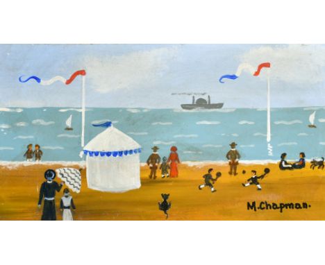 Margaret Chapman (1940-2000) British, Figures on a French beach with figures, children paddling and playing games and white t