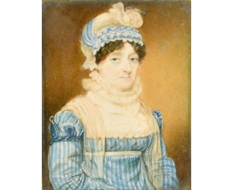 Mid-19th Century English School, a miniature portrait of a lady, watercolour on ivory, 3" x 2.25" (7.5 x 6cm), in a red leath