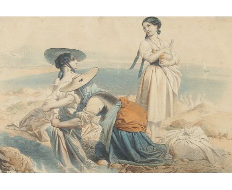 A 19th Century Continental print of three maidens washing garments in a pool, with a seascape and sailing boats beyond, 10" x