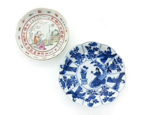 Including blue and white Kangxi Period dish and polychrome decor dish, 17 cm. in diameter, chip.