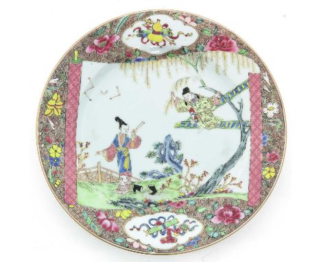 Decorated with Chinese figures in garden on scroll, in Famille Rose enamels with gilt accents, 23 cm. in diameter, small chip