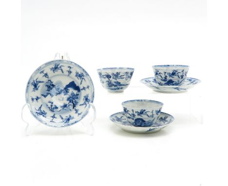 Including 3 cups and saucers, saucers are 10 cm. in diameter, blue and white warrior decor, marked with 6 characters, chip.
