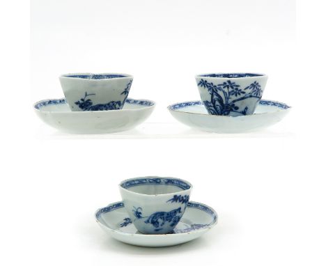 Decorated with garden scene with horse, 18th Century, saucers are 12 cm. in diameter, fritting and hairline.