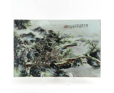 Landscape decor with Chinese poem and signature on upper right side of tile, 39 x 26 cm.