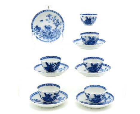 18th Century, blue and white floral decor with rooster, saucers are 9 cm. in diameter, hairline.