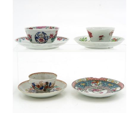 Including 3 cups and 4 saucers in Famille Rose enamels, 18th Century, largest saucers is 12 cm. in diameter, with chip and ha