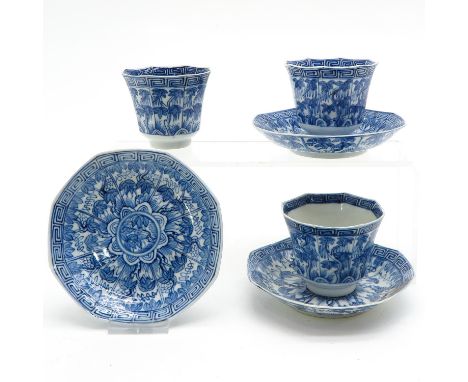 Including 3 cups and saucers, saucers are 12 cm. in diameter, floral decor, marked Xuande, fritting.