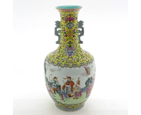 Depicting gathering of Chinese figures in garden, with ground of bats and peaches, 32 cm. tall, Jiaqing mark.