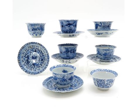 Including 7 cups and 6 saucers, saucers are 13 cm. in diameter, decorated with sea creatures, including Kangxi mark, in diver