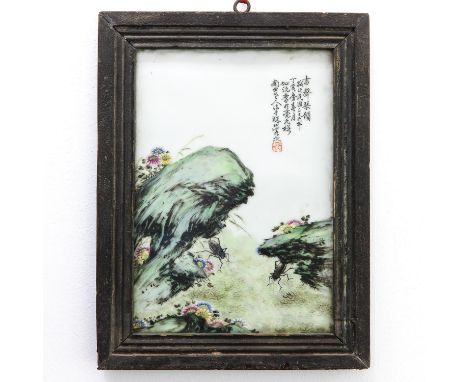 Depicting crickets in garden, Chinese poem and signature on upper right side of tile, frame measures 23 x 30 cm.
