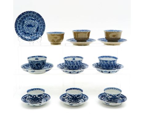 Including 9 cups and saucers, largest saucer is 14 cm. in diameter, including Kangxi Mark and Period, chip and hairline.