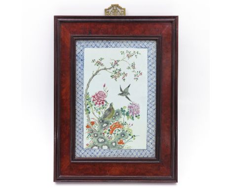 Polychrome floral decor with birds, tile is 33 x 47 cm.