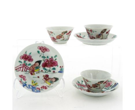 Including 3 cups and saucers, polychrome rooster decor, saucers are 10 cm. in diameter, chip.