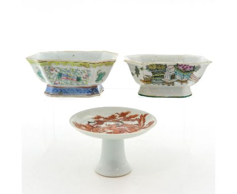 Polychrome decor, stem cup is 8 cm. tall, chip.