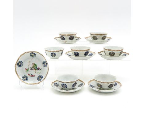 Including 7 cups and saucers, saucers are 13 cm. in diameter, 18th Century, depicting rare scene of Chinese figures in landsc