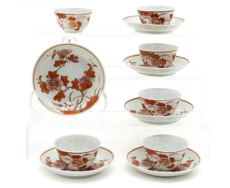 Including 6 cups and saucers, saucers are 10 cm. in diameter, milk and blood floral decor, 18th Century, fritting and hairlin
