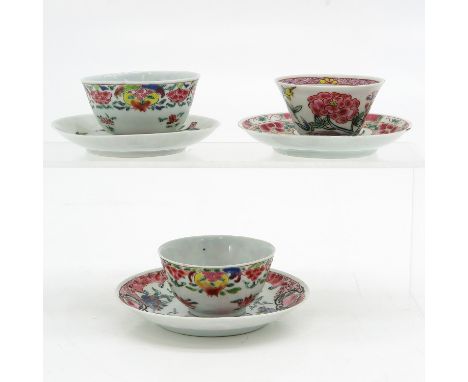 Including 3 cups and 3 saucers in Famille Rose decors, 18th Century, 11 cm. in diameter, chip and hairline.