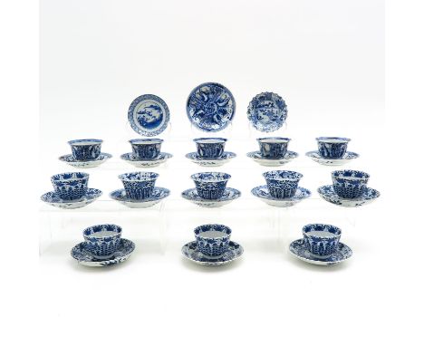 29 pieces in blue and white decors, saucers are 13 cm. in diameter, including Kangxi Mark, chip and hairline.