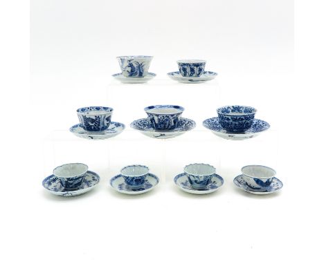 Including 9 cups and 9 saucers, some Kangxi Mark and Period, largest saucer is 14 cm. in diameter, chip and hairline.