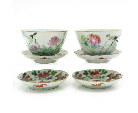 Including 2 cups and 4 saucers, in diverse polychrome decors, 19th Century, largest saucer 11 cm., fritting on edges.