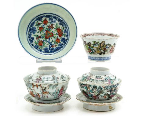 Including cups, saucers, and covers, largest is 14 cm. in diameter, chip and hairline.