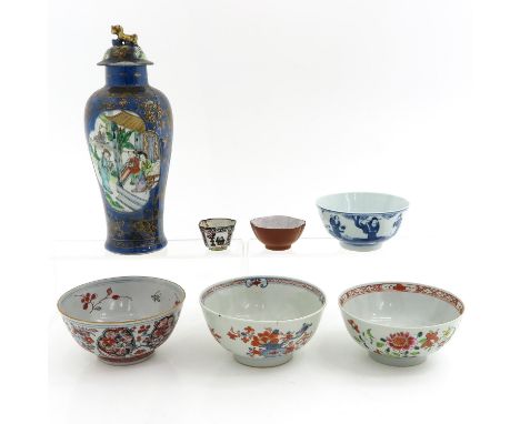 7 pieces, including enamel cup and powder blue vase, 27 cm. tall, diverse conditions.