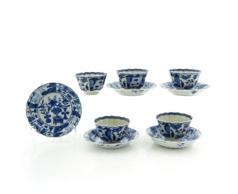 Including 5 cups and saucers, blue and white landscape decor, saucers are 13 cm. in diameter, including Kangxi Mark and Perio