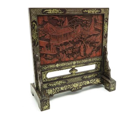 Cinnabar tile depicting river scene with Chinese figures, 46 cm. tall, small parts of lacquer missing on frame.