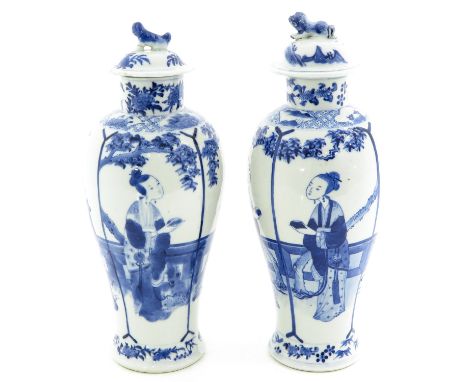 Blue and white decor depicting Chinese ladies in garden, Kangxi mark, 31 cm. tall, 1 cover is restored.