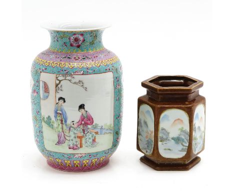 Including a Famille Rose decor vase decorated with Chinese figures in garden and vase with six sides depicting landscape deco