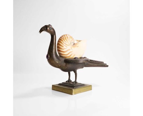 A metalware model of a peacock, 20th century, in the manner of Anthony Redmile, inset with oval semi-precious cabochon stones