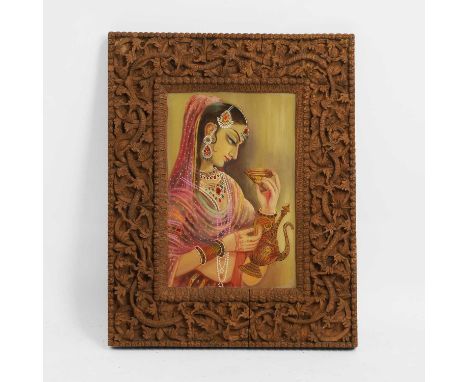 A reverse glass painting of a female figure, 20th century, Rajasthan, depicted wearing pearls and jewels, holding an ewer, 41