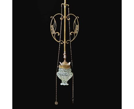 An Art Nouveau brass hanging ceiling light, late 19th/early 20th century, in the manner of WAS Benson, the slender support wi
