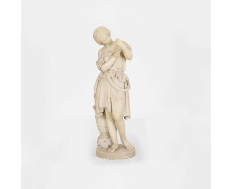 A carved marble of a classical woman, 19th century, Italian, the figure standing beside an urn, whilst fastening a bracelet,3