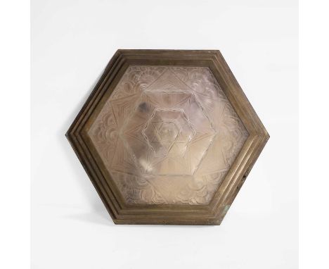 An Art Deco moulded glass and bronze wall light, 20th century, French, of hexagonal form, by Verreries des Hanots, 39cm wide1