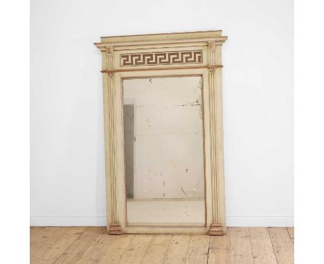 A neoclassical painted pine pier mirror, c.1800, Italian, with a Greek key-decorated border above a pair of column pilasters,