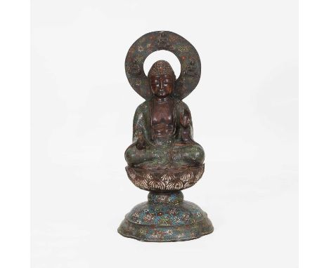 A bronze and cloisonné enamel Buddha, mid to late 20th century, Chinese, modelled seated on an integral lotus-flower stand, m