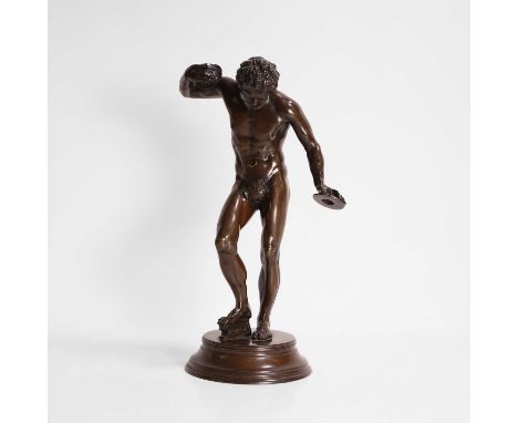After Massimiliano Soldani Benzi, late 19th century, Italian, a patinated bronze figure of the dancing faun with cymbals, 18c