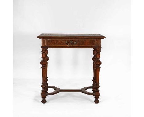 A walnut side table, 19th century, Spanish or Portuguese, the rectangular top inlaid with tricolour metal wire in scrolling a