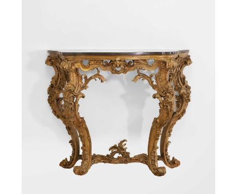 A giltwood and gesso console table, c.1840, Italian, with a serpentine-fronted scagliola top, set with a central chevron and 