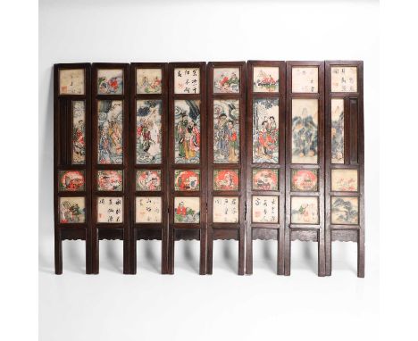 A carved wood and inset marble eight-fold table screen, late 19th/early 20th century, Chinese, the central panels depicting f