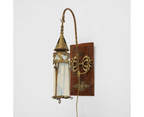 An Art Nouveau brass and opaline glass wall light, late 19th century, in the manner of WAS Benson, the pierced wall plate wit